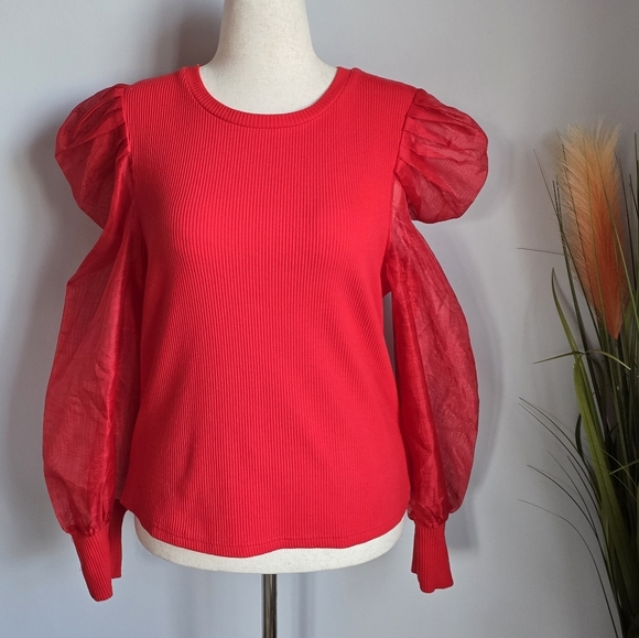 Anthropologie, New, Dolan Organza Red Puff Sleeve Top Blouse, Size XL - Picture 14 of 14